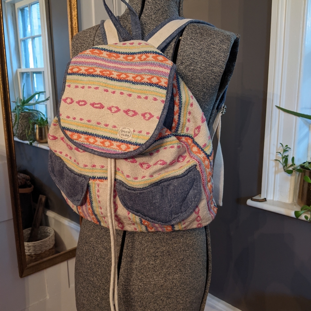 Boho embroidered backpack with denim details and drawstring